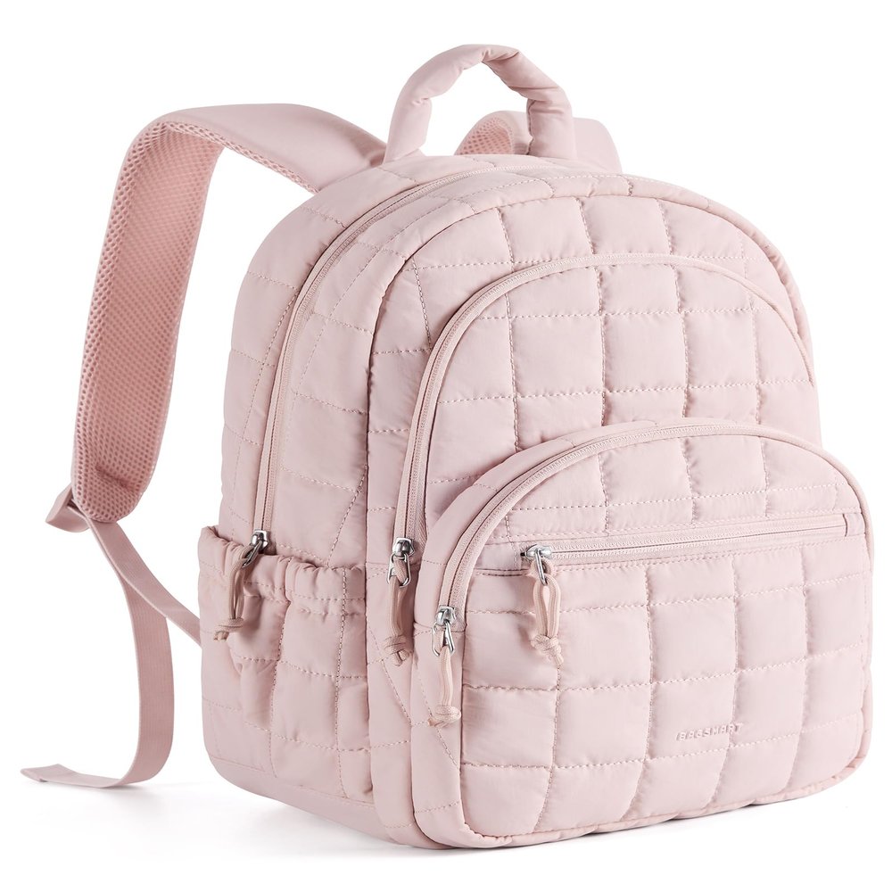 BAGSMART College Laptop Backpack, Travel Laptop Backpack for Women, Quilted Casual Daypack, Water-Resistant Bookbag for 15.6 Inch Laptop, Pink