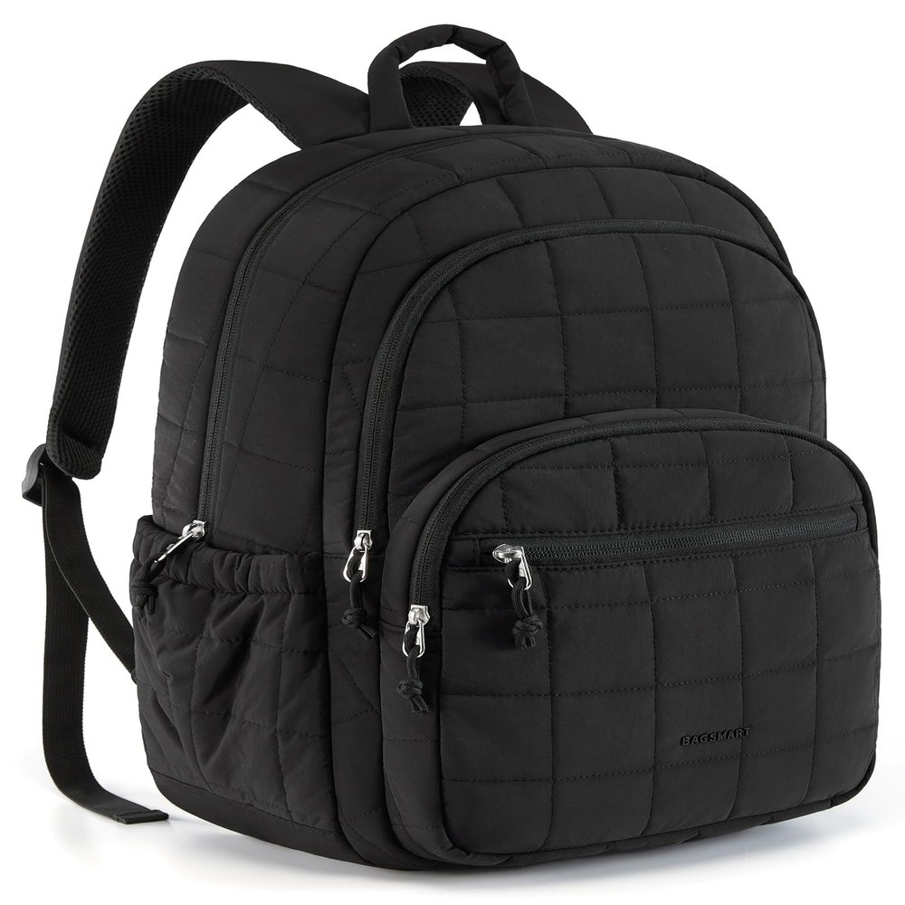 BAGSMART College Laptop Backpack, Travel Backpack for Women, Quilted Casual Daypack, Water-Resistant Bookbag for 15.6 Inch Laptop, Black