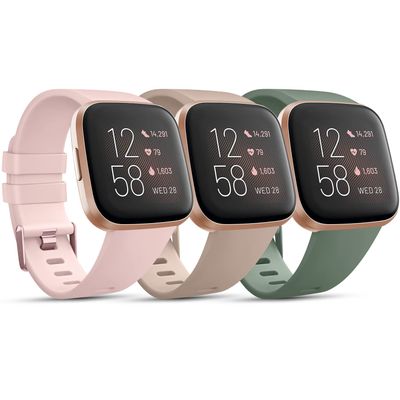 3 Pack Sport Bands Compatible with Fitbit Versa 2 Bands/Fitbit Versa Bands/Versa Lite/Versa SE, Classic Soft Sport Replacement Wristbands for Fitbit Versa 2 Smart Watch Women Men (Small,Sand Pink/Milk Tea/Avocado Green)