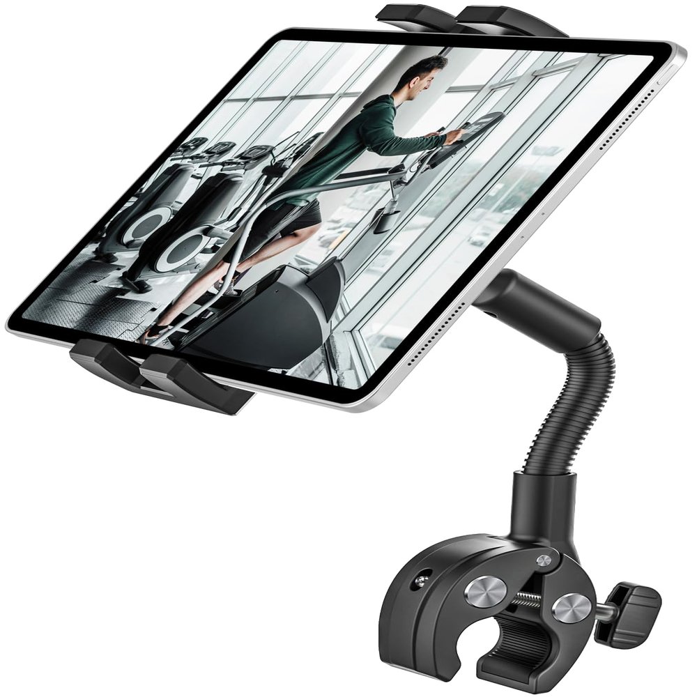 woleyi Gooseneck Tablet Bike Mount for Indoor Cycling, Gym Treadmill, Spin bike, Stationary Exercise bicycle, Peloton Handlebar, Elliptical, Stroller Clamp for iPad Pro/Air/Mini, Phone, 4.7-13" Tablet