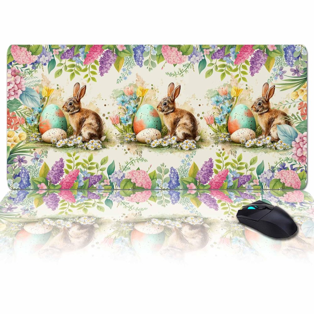 Oversized Gaming Mouse Pad, Easter Rabbit and Easter Egg Purple Plants Desk Mat for Home Office Extended XXL Computer Mouse Pad with Non-Slip Backing for Laptop Desktop Keyboard,35x15 inch