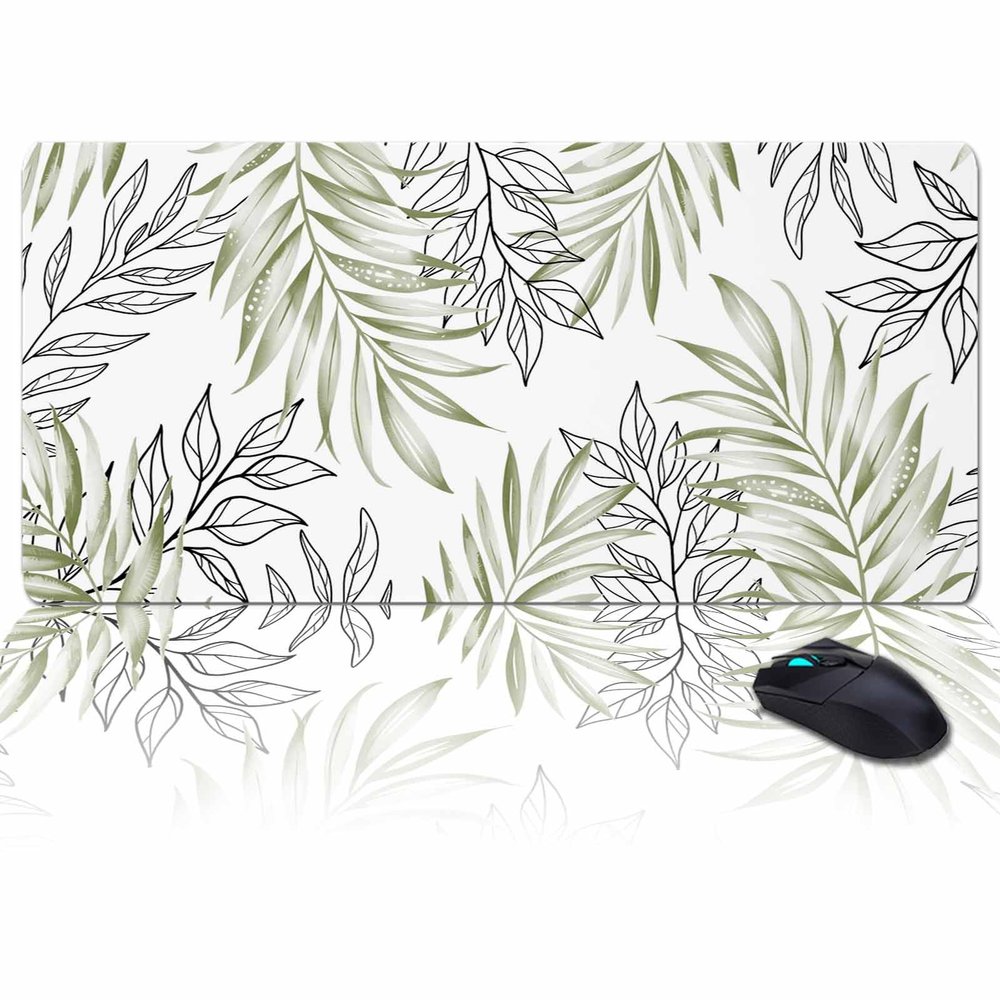 Oversized Gaming Mouse Pad, Sage Green Willow Leaves Plant Leaf Desk Mat for Home Office Extended XXL Computer Mouse Pad with Non-Slip Backing for Laptop Desktop Keyboard,35x15 inch