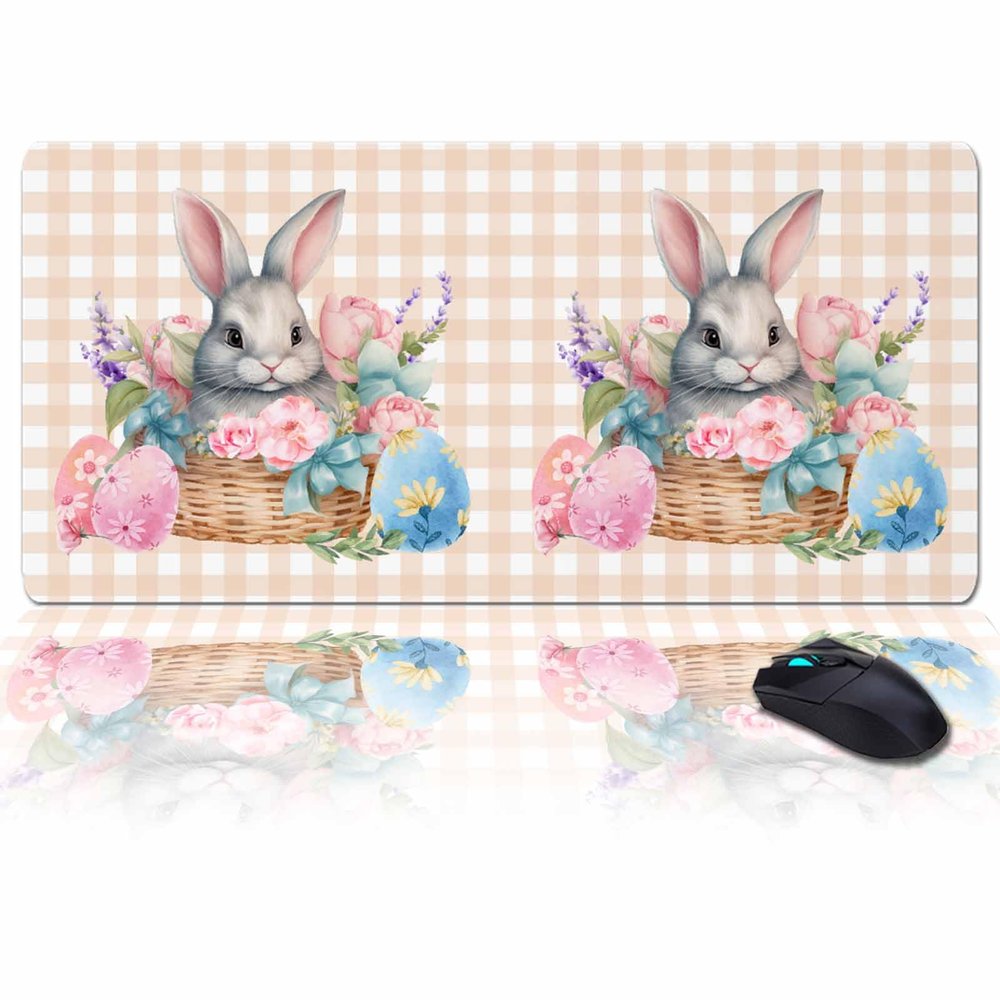 Oversized Gaming Mouse Pad, Easter Rabbit Eggs Spring Flower Floral Pink Buffalo Plaid Desk Mat for Office Extended XXL Computer Mouse Pad with Non-Slip Backing for Laptop Desktop Keyboard,35x15 inch