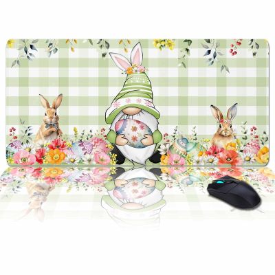Oversized Gaming Mouse Pad, Spring Gnome with Color Eggs Green Plaid Desk Mat for Home Office Extended XXL Computer Mouse Pad with Non-Slip Backing for Laptop Desktop Keyboard,35x15 inch