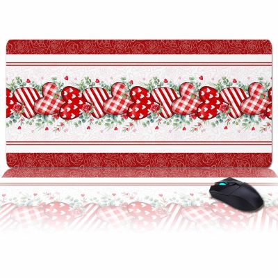 Oversized Gaming Mouse Pad, Valentine's Day Love Heart Eucalyptus Leaves Red Stripe Desk Mat for Office Extended XXL Computer Mouse Pad with Non-Slip Backing for Laptop Desktop Keyboard,35x15 inch