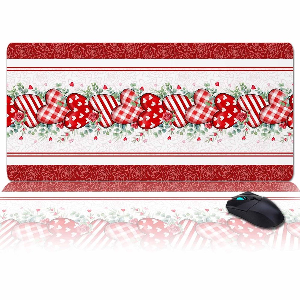 Oversized Gaming Mouse Pad, Valentine's Day Love Heart Eucalyptus Leaves Red Stripe Desk Mat for Office Extended XXL Computer Mouse Pad with Non-Slip Backing for Laptop Desktop Keyboard,35x15 inch
