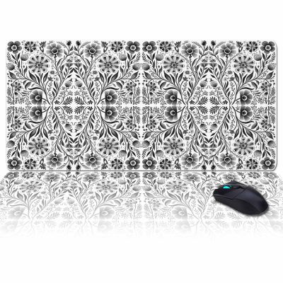 Oversized Gaming Mouse Pad, Ethnic Style Vintage Flowers Gray Floral Desk Mat for Home Office Extended XXL Computer Mouse Pad with Non-Slip Backing for Laptop Desktop Keyboard,35x15 inch