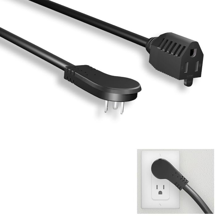 Kentek 3 Feet Ft 16 AWG Low Profile Angled Power Extension Cable Cord NEMA 5-15P/R 13A/125V Black