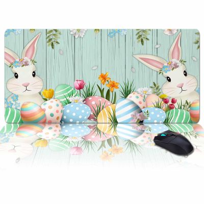 Oversized Gaming Mouse Pad, Easter Bunny with Eggs Blue Wooden Desk Mat for Home Office Extended XXL Computer Mouse Pad with Non-Slip Backing for Laptop Desktop Keyboard,35x15 inch