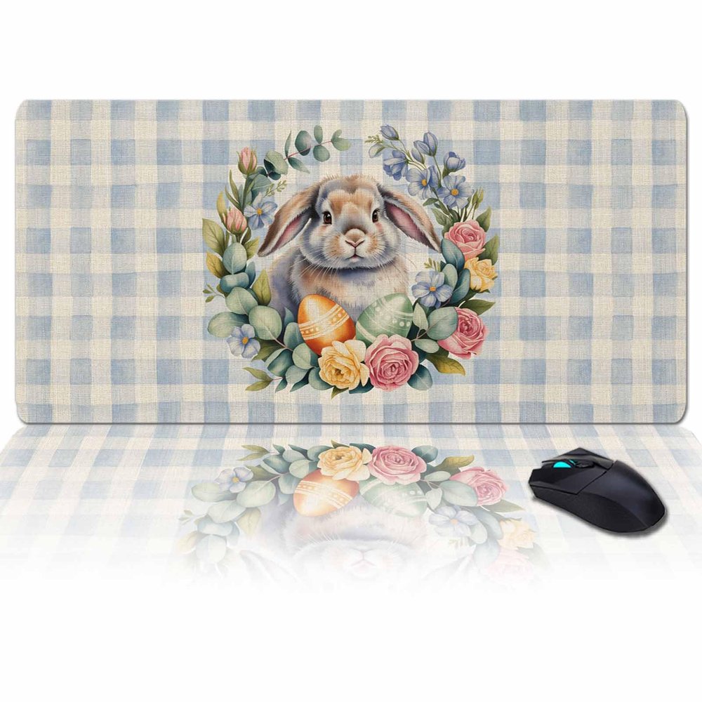 Oversized Gaming Mouse Pad, Easter Rabbit Eggs Spring Flowers Leaves Blue Plaid Desk Mat for Home Office Extended XXL Computer Mouse Pad with Non-Slip Backing for Laptop Desktop Keyboard,35x15 inch