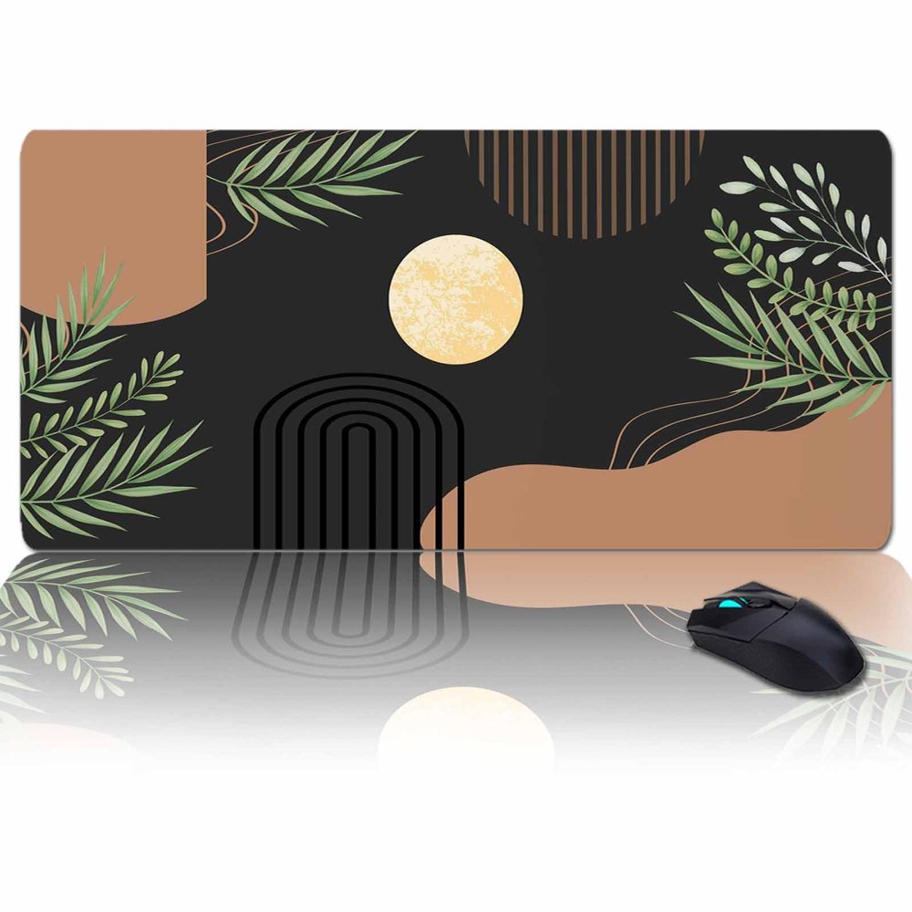 Oversized Gaming Mouse Pad, Boho Abstract Geometric Lines Gold Moon Plant Leaves Black Desk Mat for Office Extended XXL Computer Mouse Pad with Non-Slip Backing for Laptop Desktop Keyboard,35x15 inch