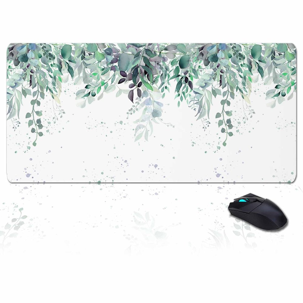 Oversized Gaming Mouse Pad, Spring Green Leaf Eucalyptus Leaves Farm Plant Desk Mat for Home Office Extended XXL Computer Mouse Pad with Non-Slip Backing for Laptop Desktop Keyboard,35x15 inch