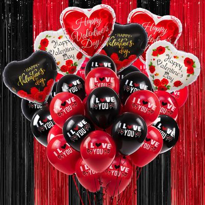 KatchOn, Red and Black Fringe Curtain - XtraLarge, Pack of 28 | Black Happy Valentines Day Balloons, Sneaker Ball Decorations | Red Casino Party Decorations | I Love You Balloons, Heart Balloons