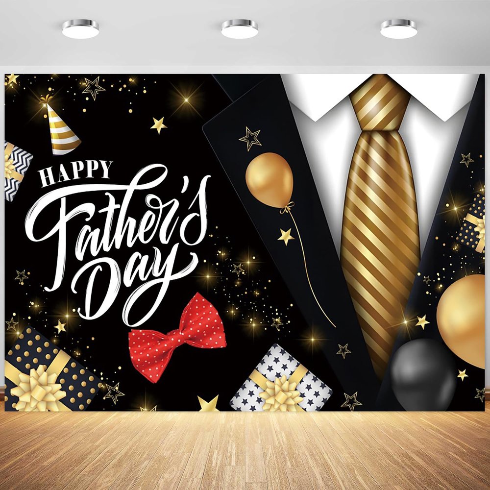 15x10ft Fathers Day Backdrop Black Gold Ties Balloons Glitter Dots Photography Background Happy Fathers Day Party Fathers Portraits Decoration Supplies Photo Booth Props