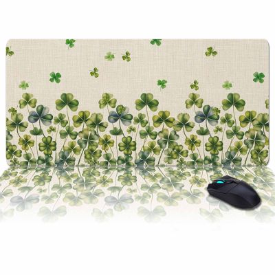 Oversized Gaming Mouse Pad, St. Patrick's Day Green Clover Watercolor Retro Linen Desk Mat for Home Office Extended XXL Computer Mouse Pad with Non-Slip Backing for Laptop Desktop Keyboard,35x15 inch