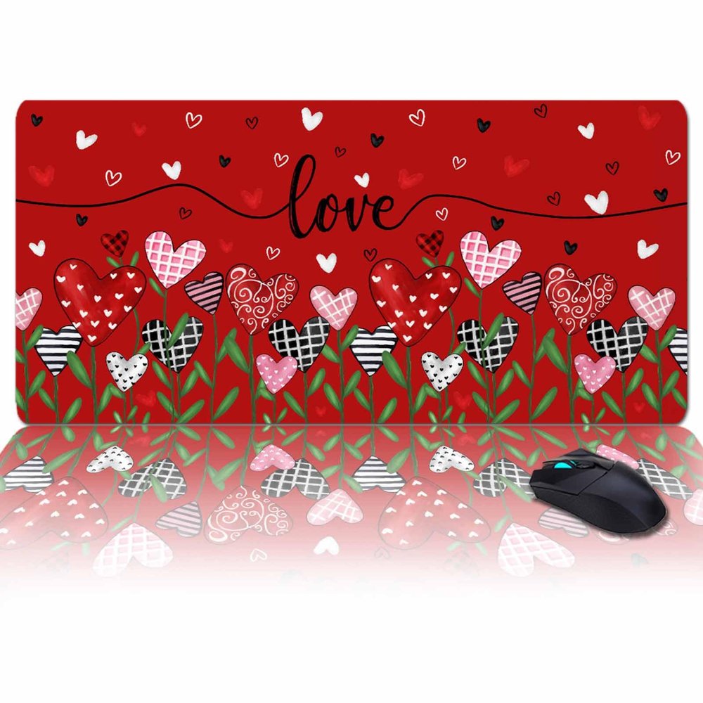 Oversized Gaming Mouse Pad, Valentine's Day Love Heart Tree Leaves Red Desk Mat for Home Office Extended XXL Computer Mouse Pad with Non-Slip Backing for Laptop Desktop Keyboard,35x15 inch