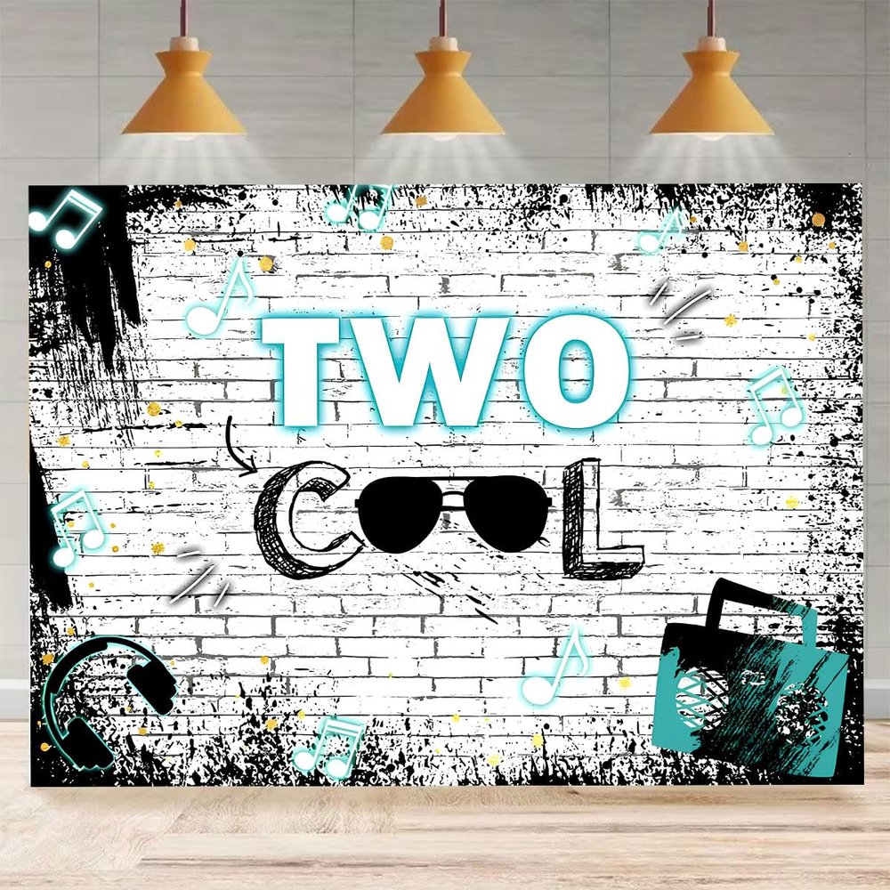 Two Cool Birthday Party Photography Background Hip Hop Boy 2nd Birthday Party Decoration Backdrop Retro Music Boys Summer Happy 2nd Birthday Party Backdrop (7X5FT)