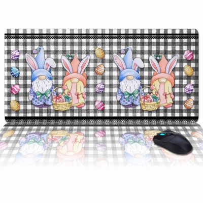 Oversized Gaming Mouse Pad, Easter Gnome Rabbit Eggs Black White Plaid Desk Mat for Home Office Extended XXL Computer Mouse Pad with Non-Slip Backing for Laptop Desktop Keyboard,35x15 inch
