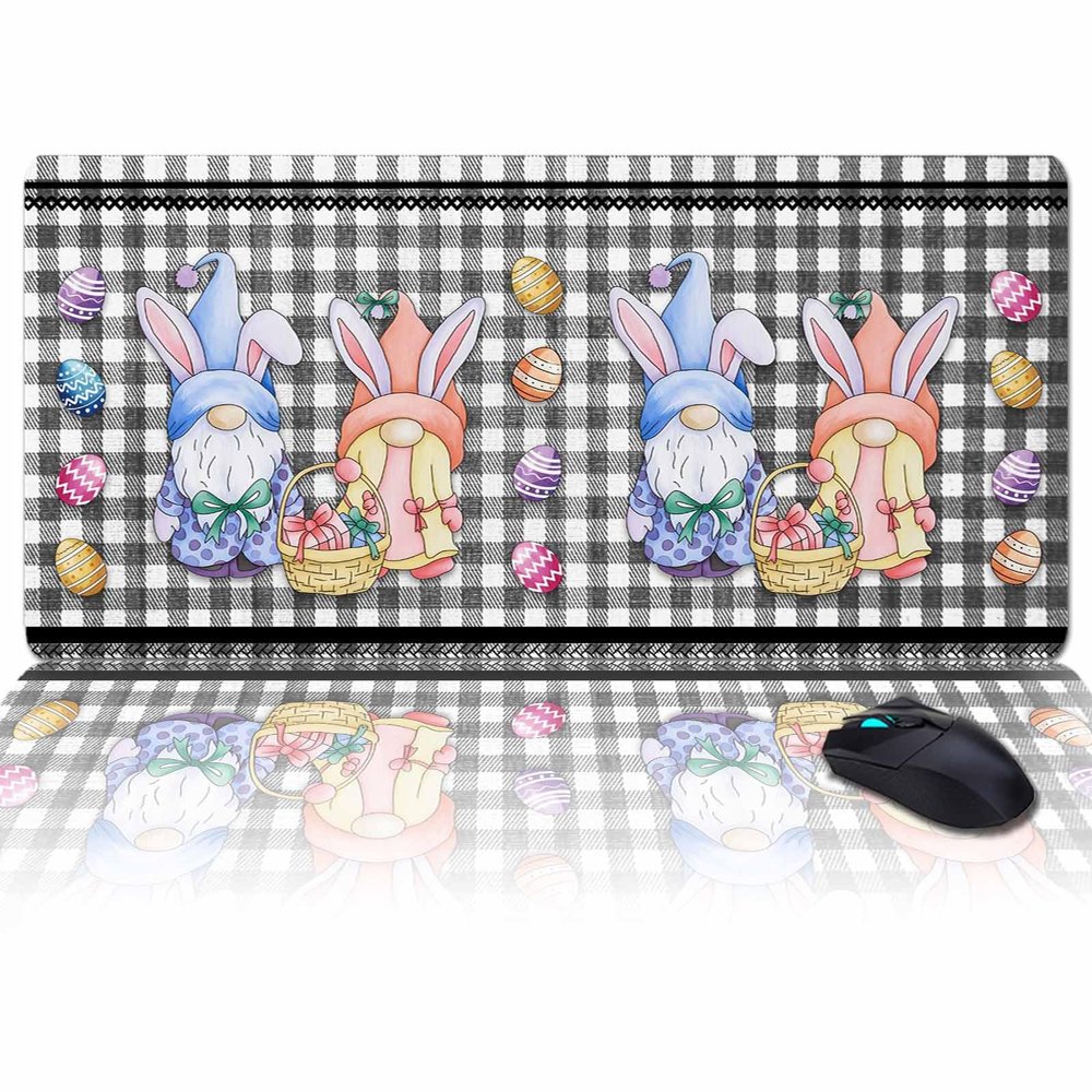 Oversized Gaming Mouse Pad, Easter Gnome Rabbit Eggs Black White Plaid Desk Mat for Home Office Extended XXL Computer Mouse Pad with Non-Slip Backing for Laptop Desktop Keyboard,35x15 inch