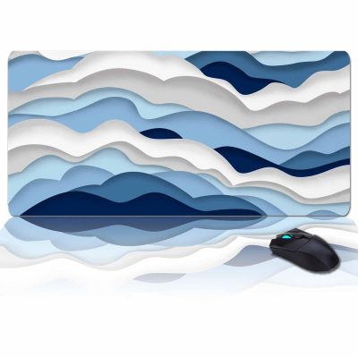 Oversized Gaming Mouse Pad, Blue Ombre Abstract Geometric Ocean Waves Stripe Desk Mat for Home Office Extended XXL Computer Mouse Pad with Non-Slip Backing for Laptop Desktop Keyboard,35x15 inch
