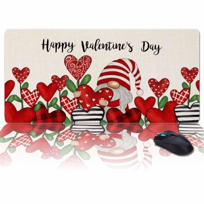Oversized Gaming Mouse Pad, Valentine's Day Gnome Red Love Heart Leaves Linen Desk Mat for Home Office Extended XXL Computer Mouse Pad with Non-Slip Backing for Laptop Desktop Keyboard,35x15 inch