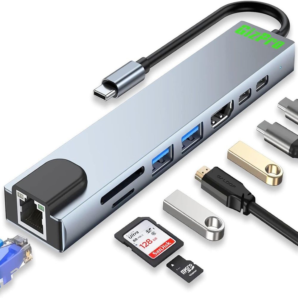 GizPro USB-C Dock, 8 in 1 with 4K HDMI, 100W PD, USB-C Port, USB 3.0, RJ45 Ethernet, SD/TF Card Reader, Docking Station Compatible with MacBook Pro/Air, Laptops and Other Type C Devices