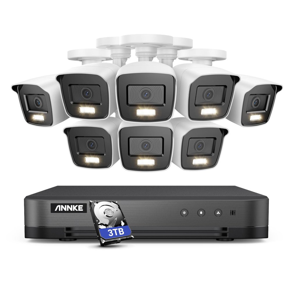 ANNKE 16 Channel Security Camera System, 5-in-1 Hybrid 1080P Lite DVR and 8X 2MP Indoor/Outdoor IP66 Weatherproof Cams with Color Night Vision, Remote Access, H.265+ Video Compression, 3TB Hard Drive