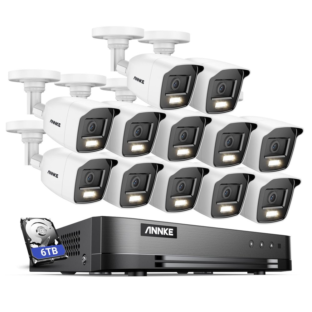 ANNKE 16 Channel Security Camera System, 5-in-1 Hybrid 1080P Lite DVR and 12x 2MP Indoor/Outdoor IP66 Weatherproof Cams with Color Night Vision, Remote Access, H.265+ Video Compression, 6TB Hard Drive