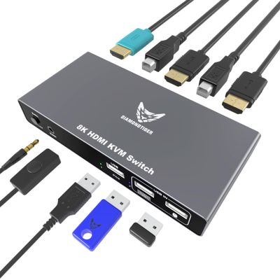 DiamondTiger 8K HDMI KVM Switch 2 Port - Support Ultra HD 8K(7680 * 4320)@60Hz,4K@60Hz/120Hz/144Hz, 3 USB Selecter for 2 Computers Share Keyboard Mouse Printer,1 HDMI 2.1&2 USB Cable Included
