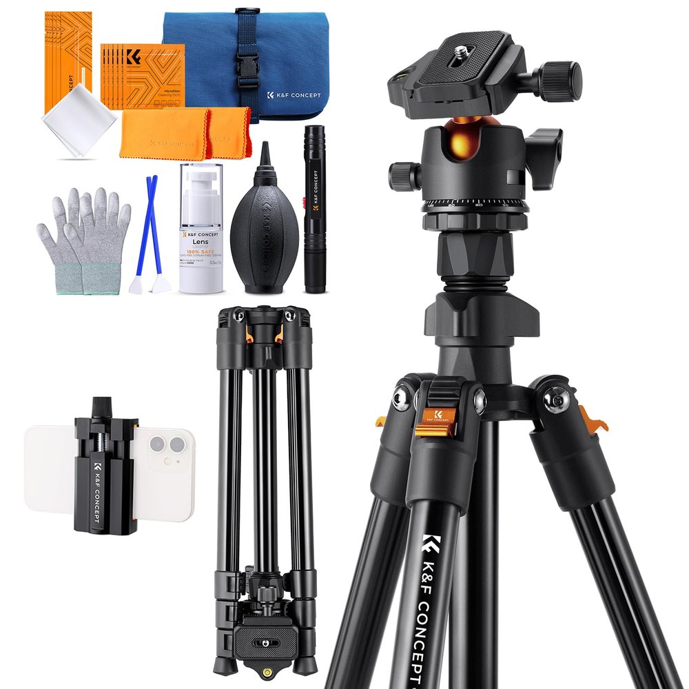 K&F Concept 64 inch/163cm Camera Tripod with Camera Cleaning KitLightweight Travel Outdoor DSLR Tripods for Smartphone Live Streaming Vlog