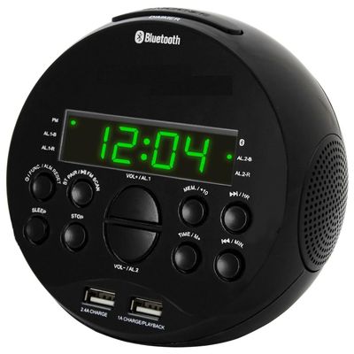 HANNLOMAX HX-129CR Alarm Clock Radio. PLL FM Radio, 0.6" Green LED Display, Bluetooth, USB Ports for 2.4A & 1A Charging/MP3 Playback (Black)