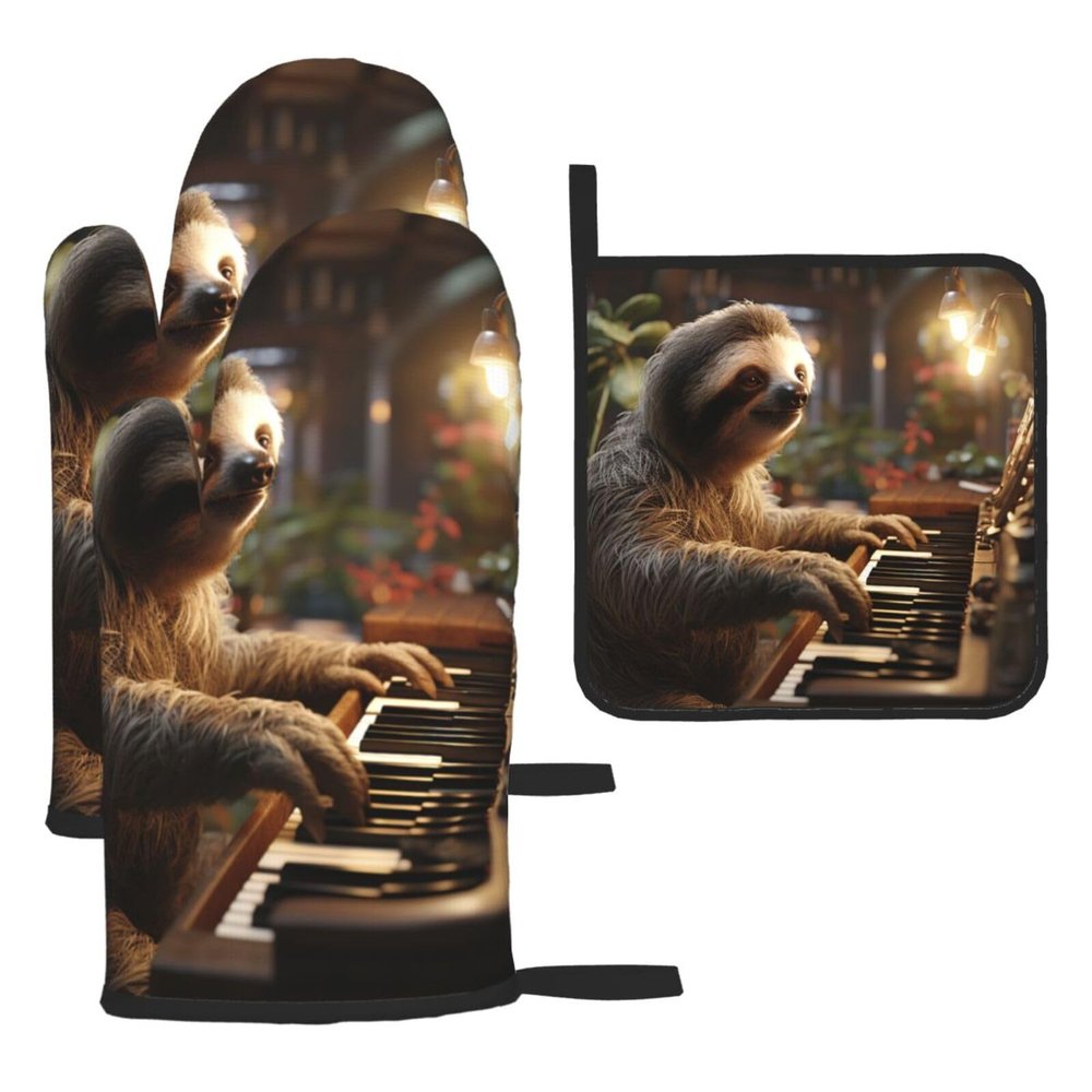 3 pcs Oven Mitts and Pot Holders Set High Heat Resistant Oven Glove and Hot Pads Washable Kitchen Oven Mittens Sloth Playing Piano Cartoon Non-Slip Potholder for Cooking Baking Grilling