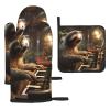 3 pcs Oven Mitts and Pot Holders Set High Heat Resistant Oven Glove and Hot Pads Washable Kitchen Oven Mittens Sloth Playing Piano Cartoon Non-Slip Potholder for Cooking Baking Grilling view 1