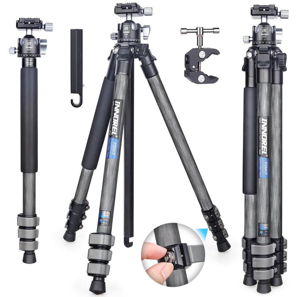 INNOREL P254CF 63" Carbon Fiber Travel Tripod,Professional Compact Camera Tripod Stand for Digital DSLR Travel with Low Gravity Center Ball Head Special-Shaped Center Column Max Load 26.5 lbs/12 kg