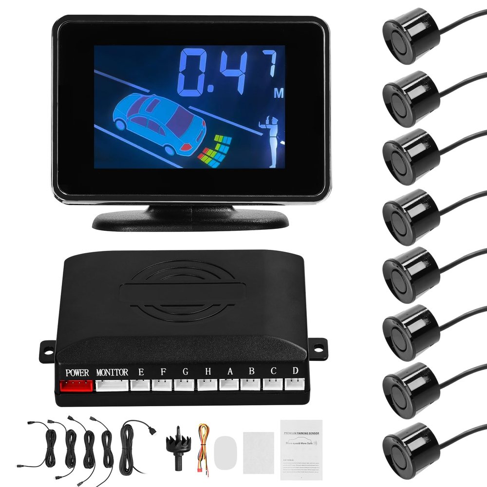 Mulcort Car Reverse Backup Parking Sensor Radar System, 8 Parking Sensors Kit with Front & Rear Sound Warning Buzzer Mute LCD Distance Display Volumes
