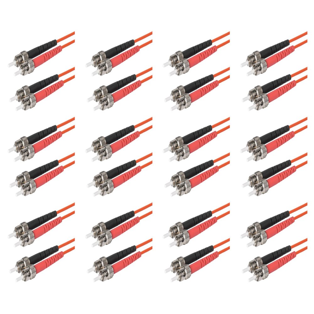 SpeedyFiberTX 12-Pack 85 Meter ST to ST Fiber Optic Patch Cable, Red and Black Boots, Corning InfiniCor Multimode OM1 62.5/125um Optical Fiber, Duplex Orange Riser OFNR Cable Jacket