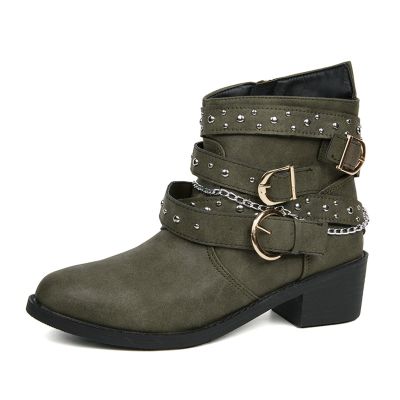 HINDOLA Womens Ankle Boots Almond Toe High Chunky Block Stacked Heels Ankle Booties Motorcycle Boots Low Heeled Booties for Women