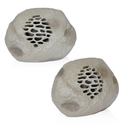 Alpine Corporation 9" Tall Solar Bluetooth Rock Speaker, Weather-Resistant High Fidelity Outdoor Audio System with 50 Foot Range, Gray, Set of 2