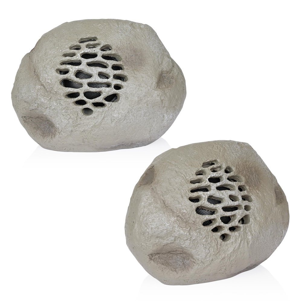 Alpine Corporation 9" Tall Solar Bluetooth Rock Speaker, Weather-Resistant High Fidelity Outdoor Audio System with 50 Foot Range, Gray, Set of 2
