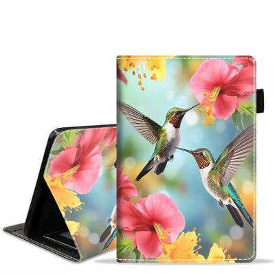 ZXHSBROK Case for Amazon Kindle Fire 7 Tablet (9th/7th Generation, 2019/2017 Release) 7" Display - Slim PU Leather Stand Folio Cover with Card Slot & Auto Sleep/Wake, Hummingbird Flowers