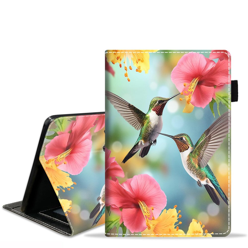ZXHSBROK Case for Amazon Kindle Fire 7 Tablet (9th/7th Generation, 2019/2017 Release) 7" Display - Slim PU Leather Stand Folio Cover with Card Slot & Auto Sleep/Wake, Hummingbird Flowers
