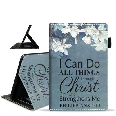 Case for Amazon Fire HD 10 Tablet 10.1 inch (9th/7th Generation, 2019/2017 Release), Slim PU Leather Stand Folio Cover with Card Slot & Auto Sleep/Wake, Floral Quote Bible Verse Philippians 4:13