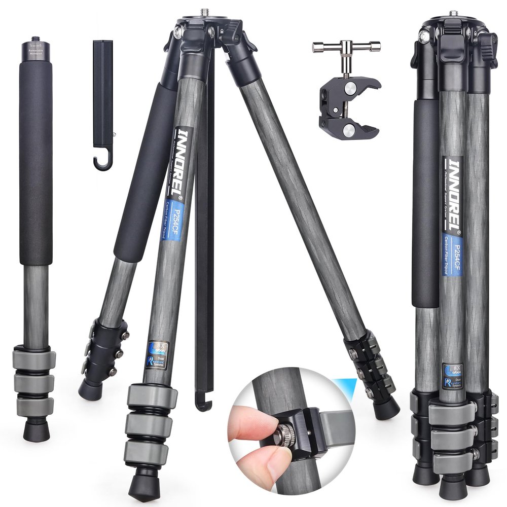 Carbon Fiber Travel Tripod-INNOREL P254CF 60" Professional Compact Camera Tripod Stand for Digital DSLR Travel with Fast Flip Buckle Special-Shaped Center Column 0.98in/25mm Tube Max Load 26.5lb/12kg