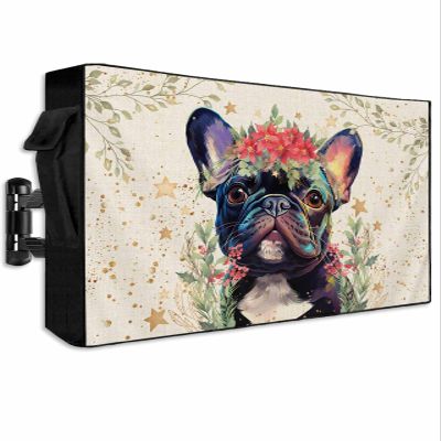 Outdoor TV Cover 48-50 in,Weatherproof TV Display Screen Protector Outdoor TV Enclosure for Seal Full Coverage,Pets Dog Watercolor Puppy Stars Flowers Linen Outside LED,LCD,OLED Flat Screen TVs