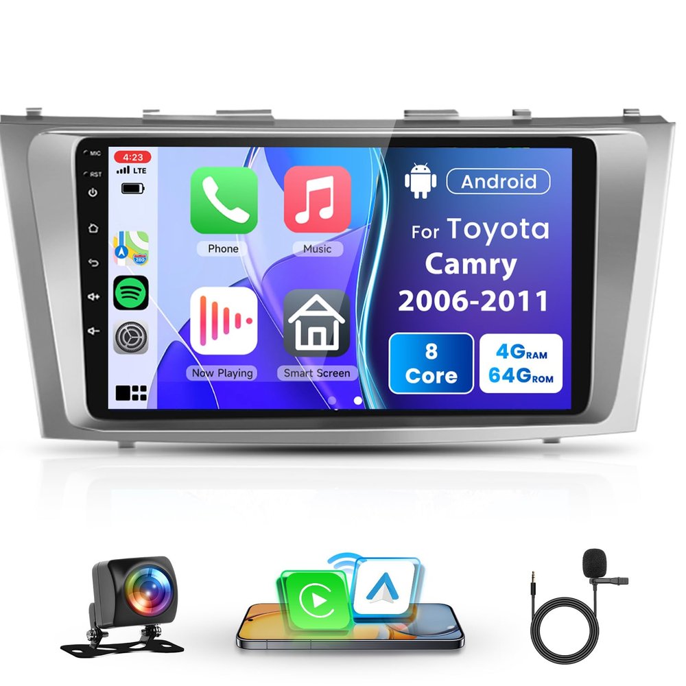 8 Core 4+64G Android Car Stereo for Toyota Camry 2006-2011, Wireless Carplay Android Auto Car Radio, 9 Touch Screen Head Unit GPS Navigation Bluetooth Mirror Link WiFi FM/RDS DSP Backup Camera SWC