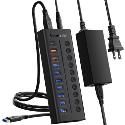 Lemorele 72W Powered USB Hub - 10-Port Splitter Hub (7 Data Transfer + 1 Smart USB Charging + 2 USB C Charging) with Individual LED On/Off Switches, USB 3.0 Hub, for Mac, PC & More