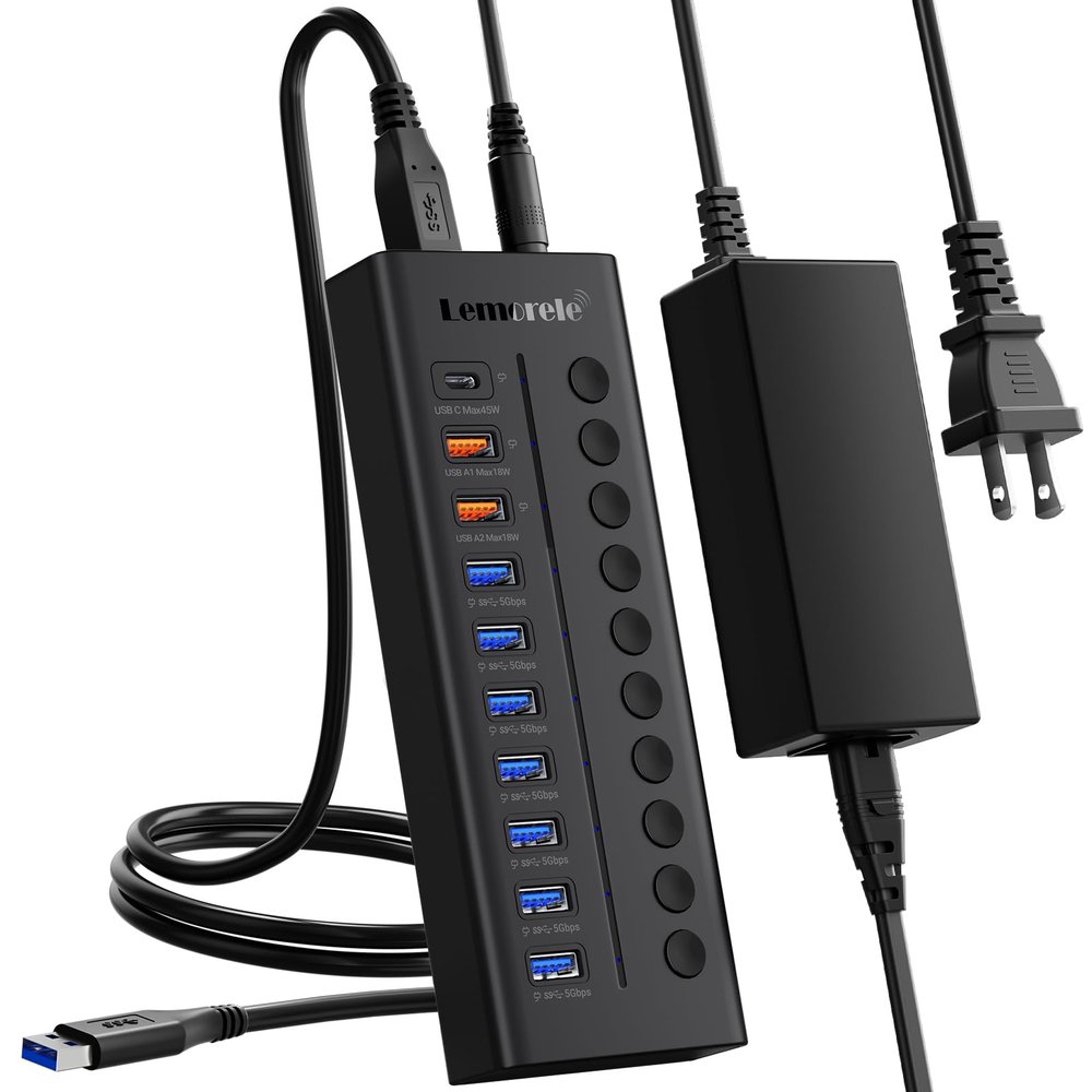 Lemorele 72W Powered USB Hub - 10-Port Splitter Hub (7 Data Transfer + 1 Smart USB Charging + 2 USB C Charging) with Individual LED On/Off Switches, USB 3.0 Hub, for Mac, PC & More