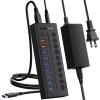 Lemorele 72W Powered USB Hub - 10-Port Splitter Hub (7 Data Transfer + 1 Smart USB Charging + 2 USB C Charging) with Individual LED On/Off Switches, USB 3.0 Hub, for Mac, PC & More view 1
