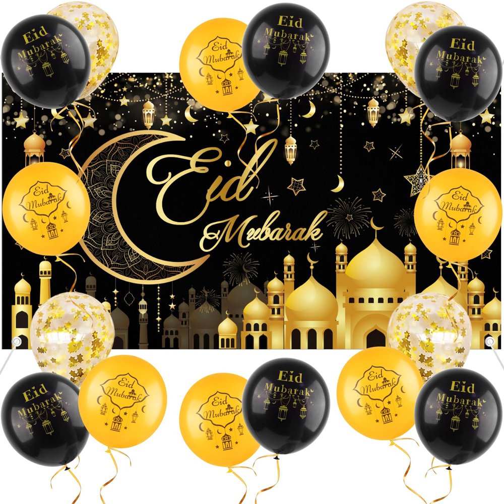 AhfuLife Large Eid Mubarak Backdrop Banner 6.53.6 Ft, Black and Golden Eid Fabric Background Banner with 16Pcs Balloons for Muslim Garden Table Wall Indoor Outdoor Home Party
