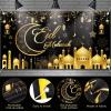 AhfuLife Large Eid Mubarak Backdrop Banner 6.53.6 Ft, Black and Golden Eid Fabric Background Banner with 16Pcs Balloons for Muslim Garden Table Wall Indoor Outdoor Home Party view 3
